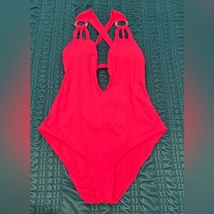 Becca by Rebecca Virtue Neon Pink One Piece Swimsuit Cutout Ring Detail